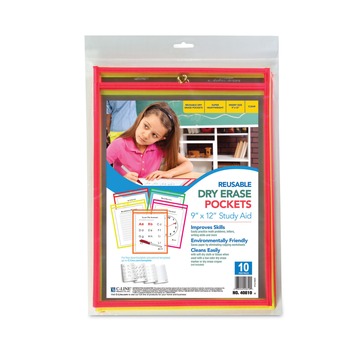 C-Line 40810 Reusable 9 in. x 12 in. Dry Erase Pockets - Assorted Neon Colors (10/Pack)