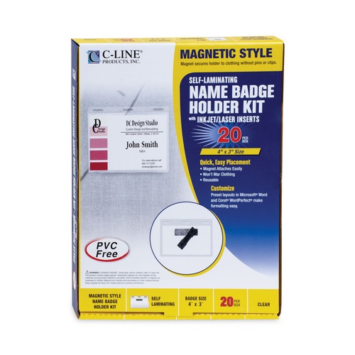 C-Line 92843 Magnetic 3 in. x 4 in. Self-Laminating Name Badge Holder Kit - Clear (20-Piece/Box) image number 0