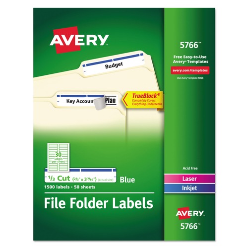 Avery 05766 TrueBlock 0.66 in. x 3.44 in. Permanent Adhesive File Folder Labels - White/Blue (30-Piece/Sheet, 50 Sheets/Box) image number 0