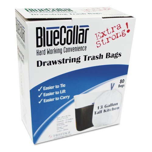 BlueCollar N4828EW RC1 Drawstring Trash Bags, 13 Gal, 0.8 Mil, 24-in X 28-in, White, 80/box image number 0