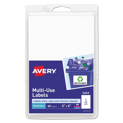 Avery 05454 4 in. x 6 in. Removable Multi-Use Labels for Inkjet/Laser Printers - White (40-Piece/Pack) image number 0