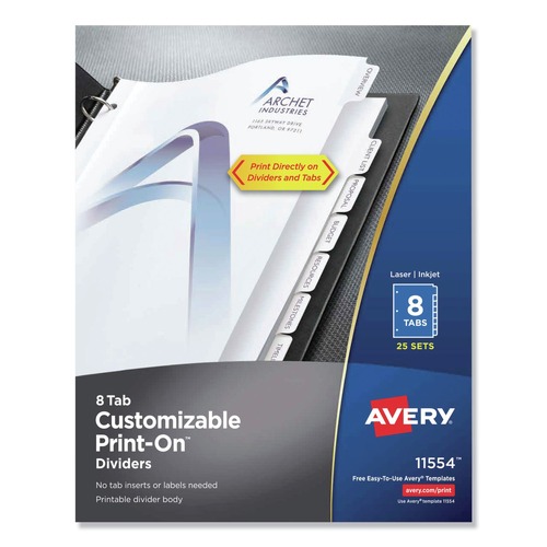  | Avery 11554 Print-On 8-Tab 3-Hole Punched Dividers - White (8-Piece/Sheet, 25 Sheets/Pack) image number 0