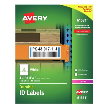 Avery 61531 Durable Laser Printer 3.25 in. x 8.38 in. Permanent ID Labels with TrueBlock Technology - White (3-Piece/Sheet 50-Sheet/Pack)