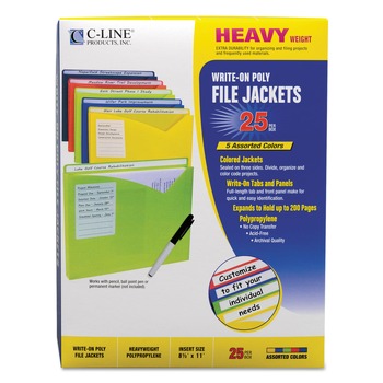 C-Line 63060 Straight Tab, Write-On Poly File Jackets - Letter, Assorted Colors (25/Box)