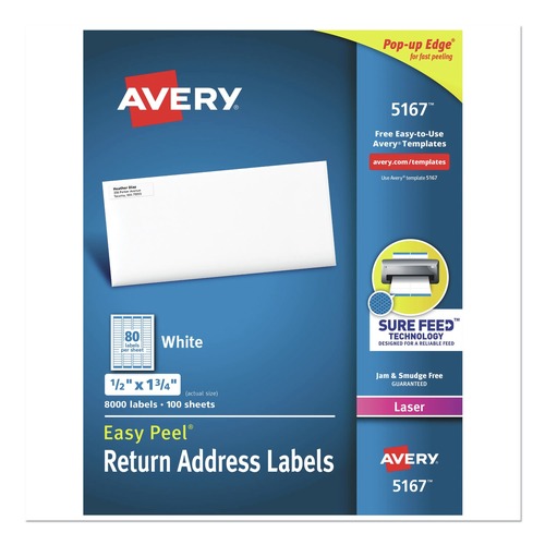 Avery 05167 0.5 in. x 1.75 in. Easy Peel Address Labels with Sure Feed Technology - White (100 Sheets/Box, 80/Sheet) image number 0