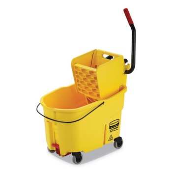 MOP BUCKETS | Rubbermaid Commercial FG618688YEL WaveBrake 44 Quart Plastic Side Press Bucket and Wringer with Drain - Yellow