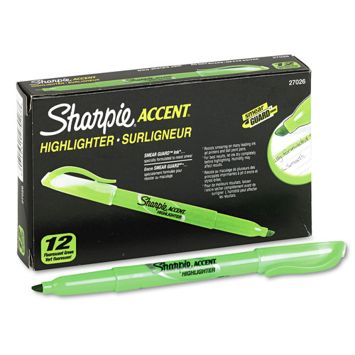 New Arrivals | Sharpie 27026 Pocket Style Highlighters, Fluorescent Green Ink, Chisel Tip, Green Barrel, Dozen image number 0