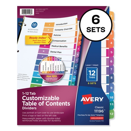 New Arrivals | Avery 11196 12-Tab Customizable Ready Index Dividers - Letter Size, Multicolor (6 Sets) image number 0