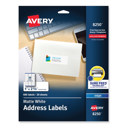 Avery 08250 1 in. x 2-5/8 in. Vibrant Inkjet Color-Print Labels with Sure Feed - Matte White (600-Piece/Pack) image number 0