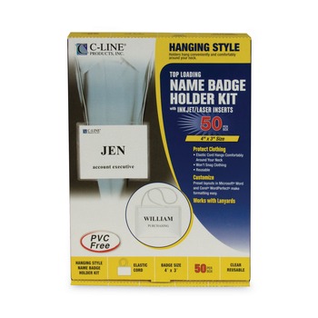 C-Line 96043 4 in. x 3 in. Top Load, Elastic Cord, Name Badge Kits - Clear (50/Box)