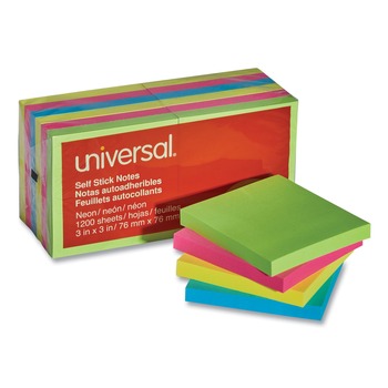 Universal UNV35612 100 Sheet 3 in. x 3 in. Self-Stick Note Pads - Assorted Neon Colors (12/Pack)