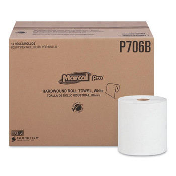 Marcal PRO P706B 7-7/8 in. x 600 ft. 1-Ply Hardwound Roll Paper Towels - White (12 Rolls/Carton)
