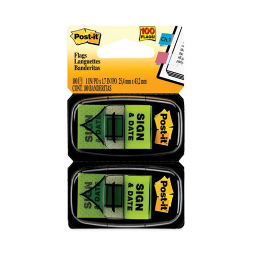 Friends and Family Sale - Save up to $60 off | Post-it Flags 680-SD2 Arrow Message 1-in Page Flags, "sign And Date", Green, 2 (50-Flag Dispensers/Pack) image number 0