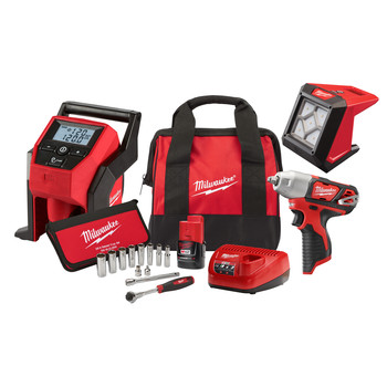 Milwaukee 2463-2364-CPO M12 Lithium-Ion 3/8 in. Cordless Impact Wrench with M12 Inflator and 12-Piece 3/8 in. Metric Socket Set plus ROVER LED Compact Flood Light