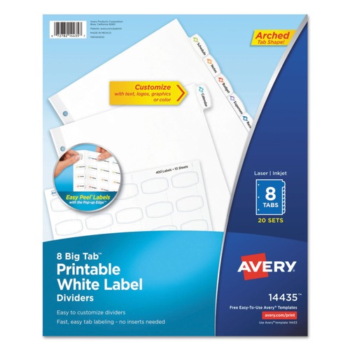  | Avery 14435 Big Tab 8 Tab 8-1/2 in. x 11 in. Easy Peel Printable Label Dividers - White (20-Piece/Pack) image number 0