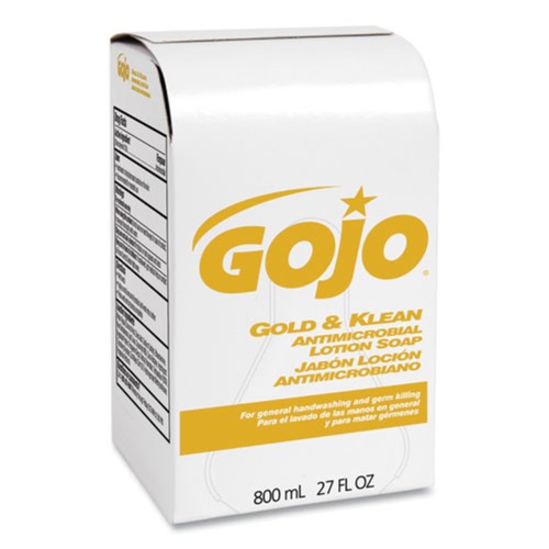 GOJO Industries 9127-12 Gold and Klean Floral Balsam Scent 800 mL Antimicrobial Lotion Soap Refill for Bag-in-Box Dispenser (12-Piece/Carton) image number 0
