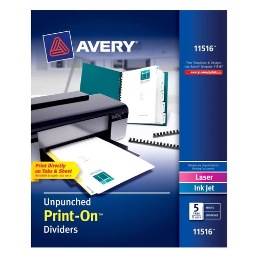  | Avery 11516 Print-On 8.5 in. x 11 in. Unpunched Dividers - White (5-Piece/Sheet, 25 Sheets/Pack) image number 0