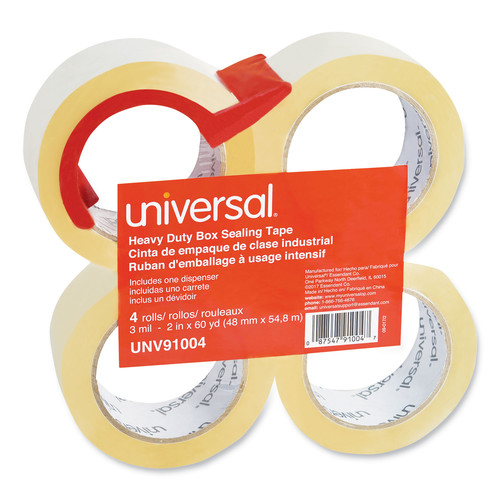 Universal UNV91004 Heavy-Duty 3 in. Core 1.88 in. x 60 yds. Box Sealing Tape with Dispenser - Clear (4-Piece/Pack) image number 0