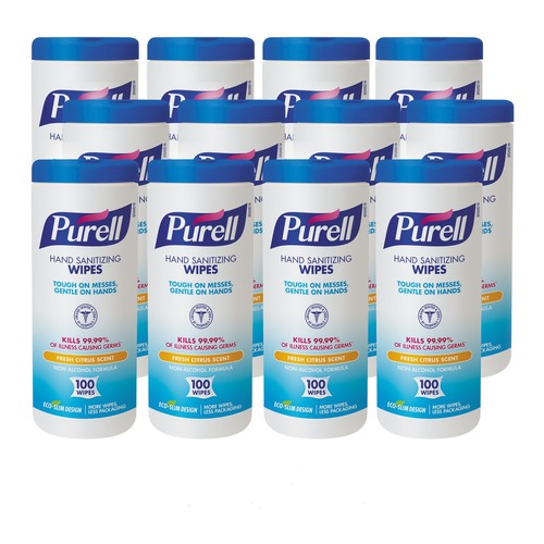 PURELL 9111-12 5.78 in. x 7 in. Premoistened Hand Sanitizing Wipes (100/Canister, 12 Canisters/CT) image number 0