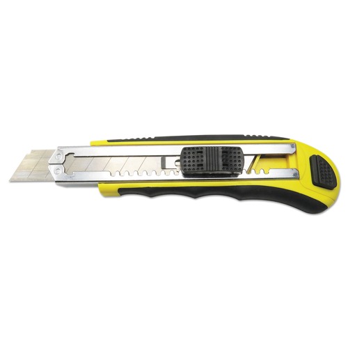 Boardwalk BWKUKNIFE25 Rubber-Gripped Straight-Edged Snap Blade Retractable Knife - Black/Yellow image number 0