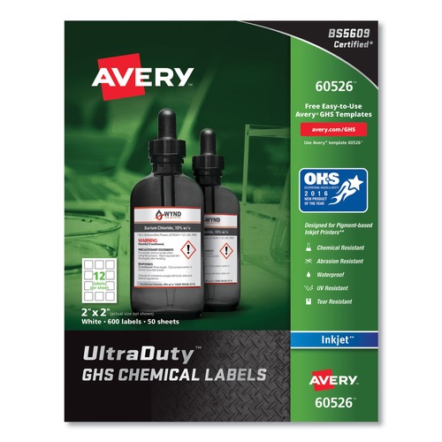 Avery 60526 UltraDuty 2 in. x 2 in. Inkjet Printers GHS Chemical Labels - White (12/Sheet 50 Sheets/Pack) image number 0