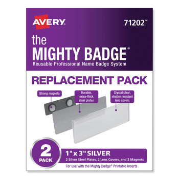 Avery 71202 The Mighty Badge 1 in. x 3 in. Reusable Professional Name Badge System Replacement Pack - Silver (2/Pack)