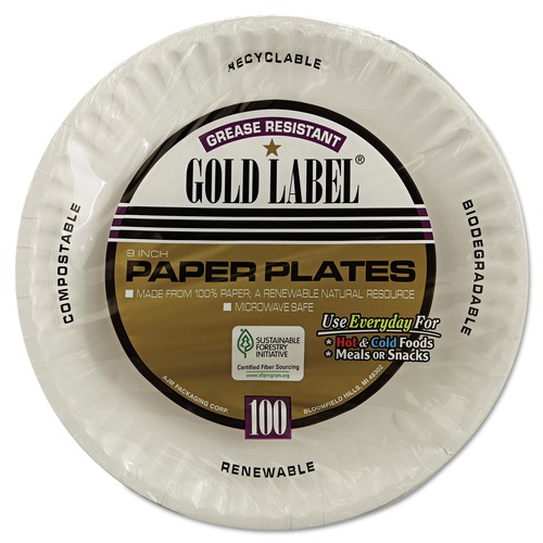  | AJM Packaging Corporation AJM CP9GOEWH Gold Label Coated Paper Plates, 9 in. Diameter White (10 Packs/Carton, 100/Pack) image number 0
