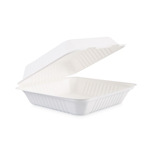 Boardwalk HL-91BW 1 Compartment 9 in. x 9 in. x 3.19 in. Bagasse Food Containers Hinged-Lid - White (200 Sleeves/Carton) image number 0