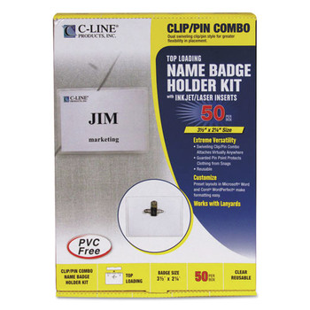 C-Line 95723 3-1/2 in. x 2-1/4 in. Top Load, Combo Clip/Pin, Name Badge Kits - Clear (50/Box)