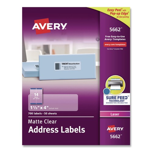  | Avery 05662 Easy Peel 1.33 in. x 4 in. Mailing Labels with Sure Feed - Matte Clear (14-Piece/Sheet, 50 Sheets/Box) image number 0