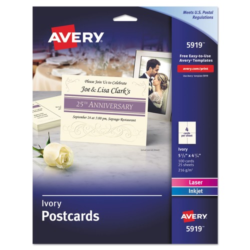 Avery 05919 4-1/4 in. x 5-1/2 in. Inkjet/Laser Printer Postcards - Ivory (100 Sheets/Pack, 4/Sheet) image number 0