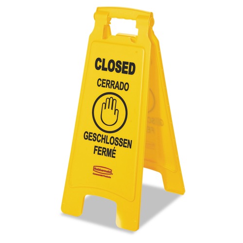 Rubbermaid Commercial FG611278YEL Plastic 2-Sided 11 in. x 12 in. x 25 in. Multilingual "Closed" Sign - Yellow image number 0
