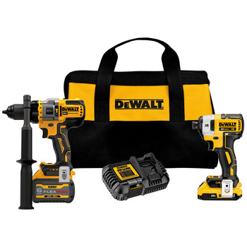 COMBO KITS | Dewalt DCK2100D1T1 20V MAX XR Brushless Lithium-Ion 1/4 in. Cordless Impact Driver / 1/2 in. Hammer Drill Driver Combo Kit with FLEXVOLT ADVANTAGE (2 Ah / 6 Ah)