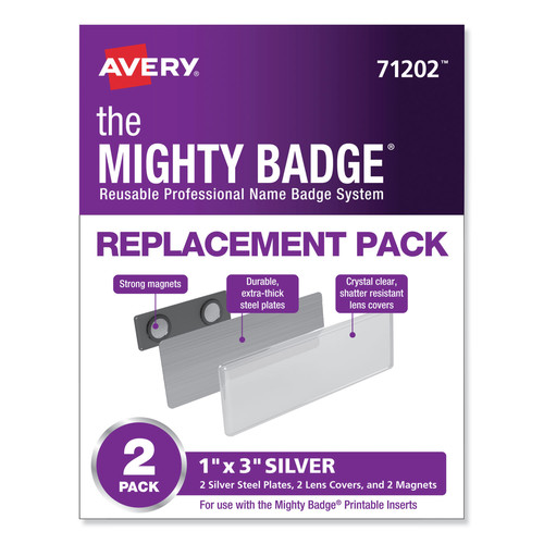  | Avery 71202 The Mighty Badge 1 in. x 3 in. Reusable Professional Name Badge System Replacement Pack - Silver (2/Pack) image number 0