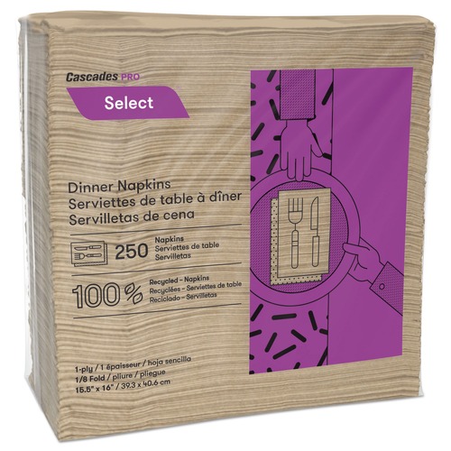 Cascades PRO N055 16 in. x 15-1/2 in. 1-Ply, Select Dinner Napkins - Natural (250 Napkins/Pack, 12 Packs/Carton) image number 0