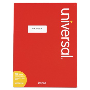 Universal UNV80120 Inkjet/Laser 1 in. x 2.63 in. Labels - White (250-Sheet/Pack 30-Piece/Sheet)