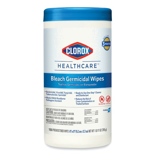 Hand Wipes | Clorox Healthcare 30577 6 in. x 5 in. Unscented Germicidal Bleach Wipes - White (150/Canister) image number 0