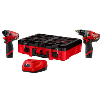 Milwaukee 2598-22PO M12 FUEL Brushless 1/2 in. Cordless Hammer Drill and 1/4 in. Cordless Impact Driver Combo Kit with PACKOUT Tool Box (2 Ah)