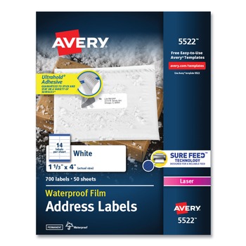 Avery 05522 1.33 in. x 4 in. Waterproof Address Labels with True Block and Sure Freed for Laser Printers - White (14-Piece/Sheet 50 Sheets/Pack)