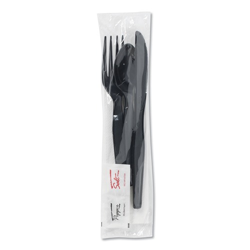 Cutlery | Dixie CH56NSPC7 Wrapped 6-Piece Heavy-Weight Polystyrene Cutlery, Napkin, Salt, and Pepper Kits - Black (250-Piece/Carton) image number 0