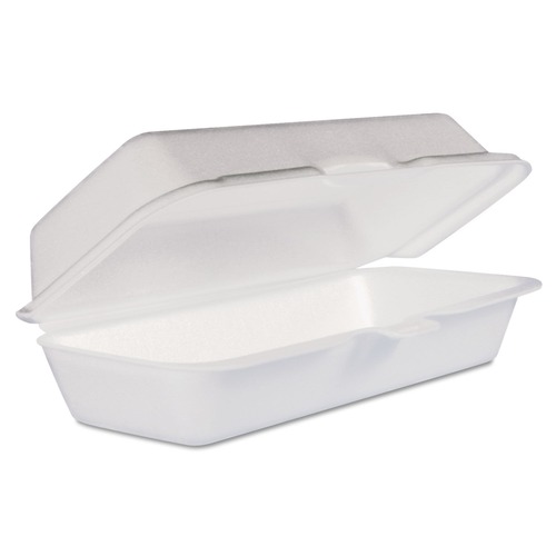 Memorial Day Sale | Dart 72HT1 3.8 in. x 7.1 in. x 2.3 in. Foam Hinged Hot Dog Lid Container - White (500/Carton) image number 0