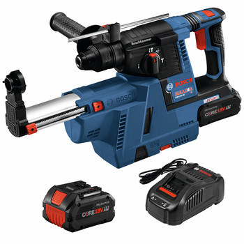 ROTARY HAMMERS | Bosch GBH18V-26K24AGDE 18V Bulldog Brushless Lithium-Ion 1 in. Cordless SDS-Plus Rotary Hammer Kit with Dust Collection Attachment and 2 Batteries (8 Ah)