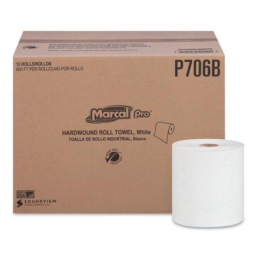 Marcal PRO P706B 7-7/8 in. x 600 ft. 1-Ply Hardwound Roll Paper Towels - White (12 Rolls/Carton) image number 0