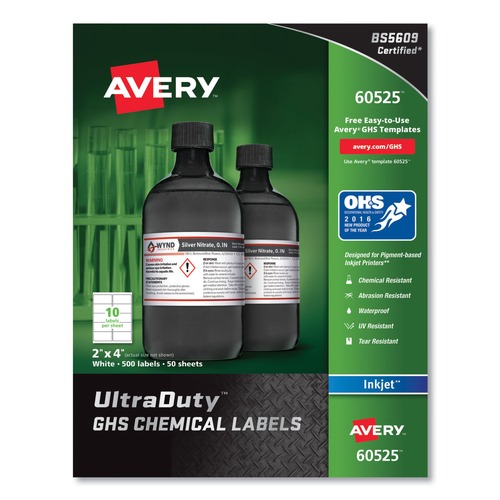 Avery 60525 UltraDuty GHS Chemical 2 in. x 4 in. Waterproof and UV Resistant Labels - White (50-Sheet/Pack 10-Pc./Sheet) image number 0