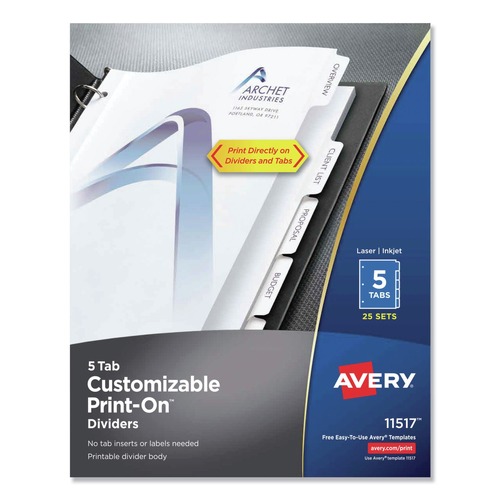  | Avery 11517 Print-On 5-Tab 3-Hole Punched Dividers - White (5-Piece/Sheet, 25 Sheets/Pack) image number 0