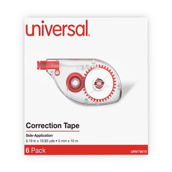 Universal UNV75610 1/5 in. x 393 in. Side-Application Correction Tape - Transparent/Red (6/Pack)