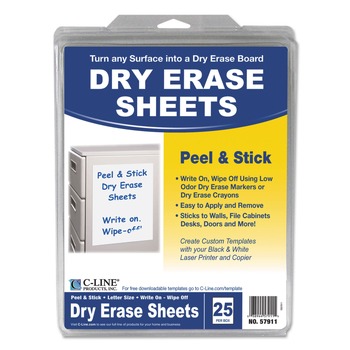 C-Line 57911 8.5 in. x 11 in. Peel and Stick Dry Erase Sheets - White (25/Box)