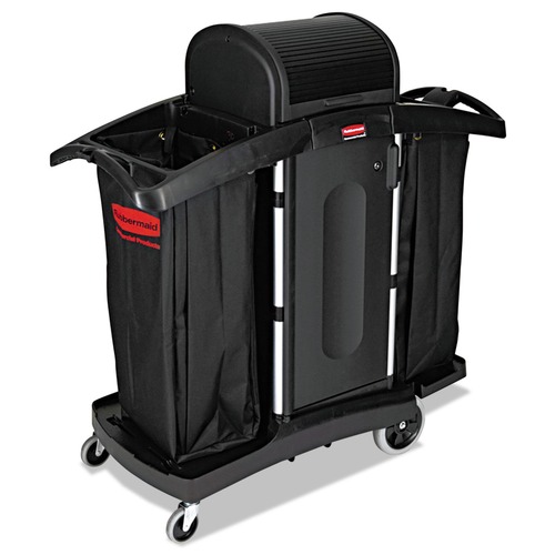 Cleaning and Sanitation Storage and Carts | Rubbermaid Commercial FG9T7800BLA High-Security 2-Shelf Housekeeping Cart - Black/Silver image number 0