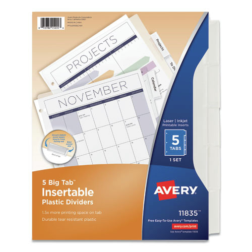 Avery 11835 11 in. x 8.5 in. 5-Tab Insertable Big Tab Plastic Dividers (1-Set) image number 0