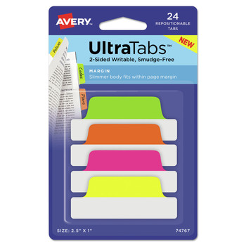 Avery 74767 Ultra Tabs 1/5-Cut 2.5 in. Repositionable Margin Tabs - Assorted Neon Colors (24/Pack)